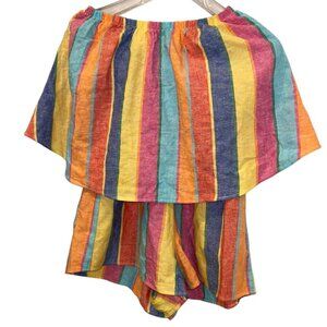 Show me your Mumu Sorbet Rainbow stripes Linen Blend Romper bib shorts XS